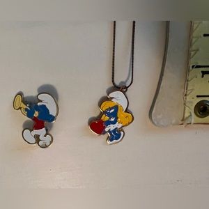 Vintage Smurfs necklace and pin